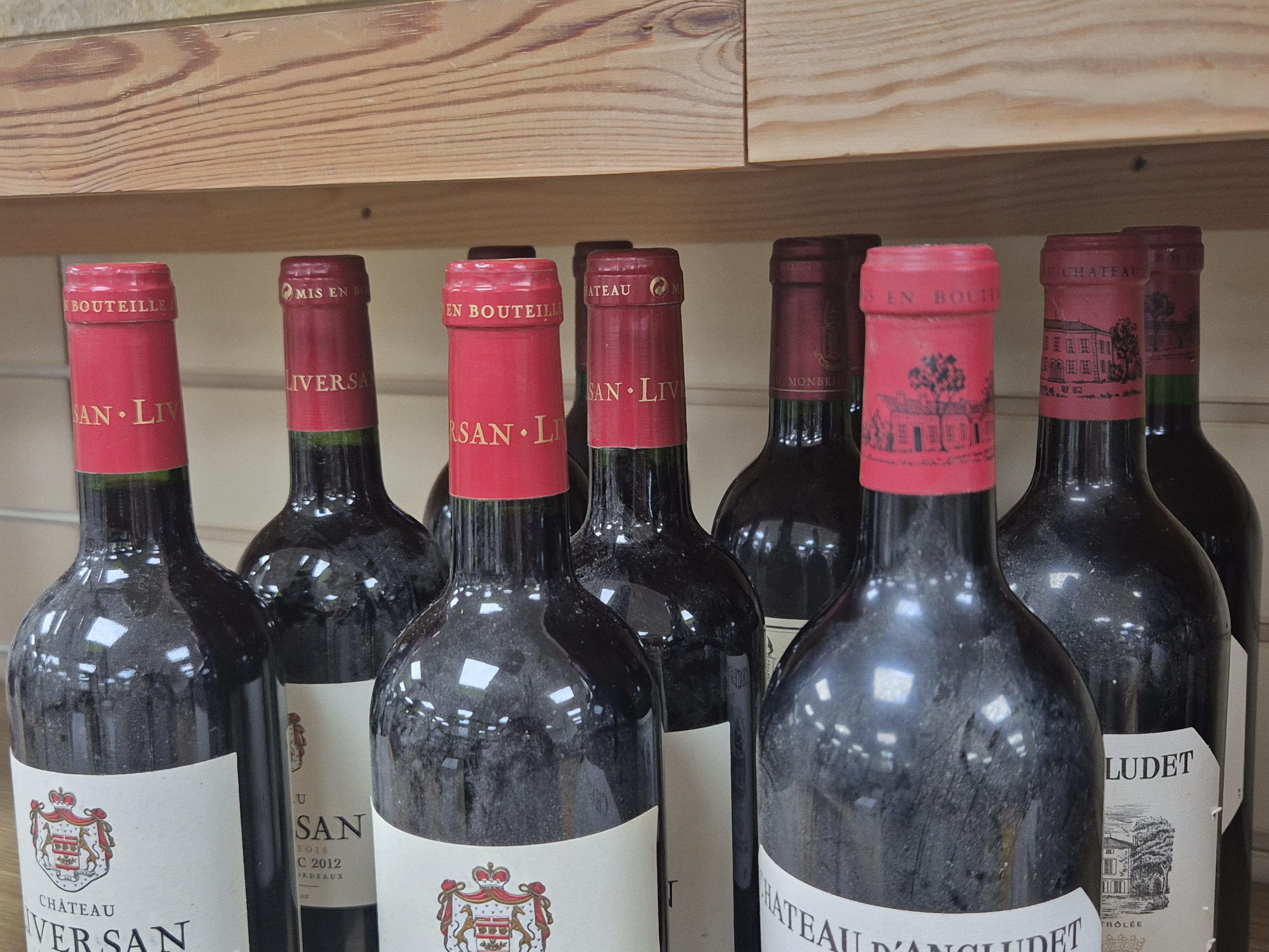 Chateau Liversan, 2012, three bottles, Chateau Monbrison Margaux, 2000, four bottles, and Chateau d’Angludet, 1996 and 2001, three bottles